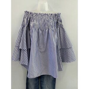 Skylar & Madison Off Shoulder Smocked Top Medium Blue White Stripe Coastal Chic